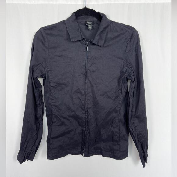 Eileen Fisher Navy Linen Blend Full Zip Shirt Jacket Size Small Petite - Picture 1 of 11